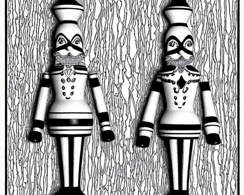 Monochrome toy soldier figures with mustaches and decorative uniforms on textured background