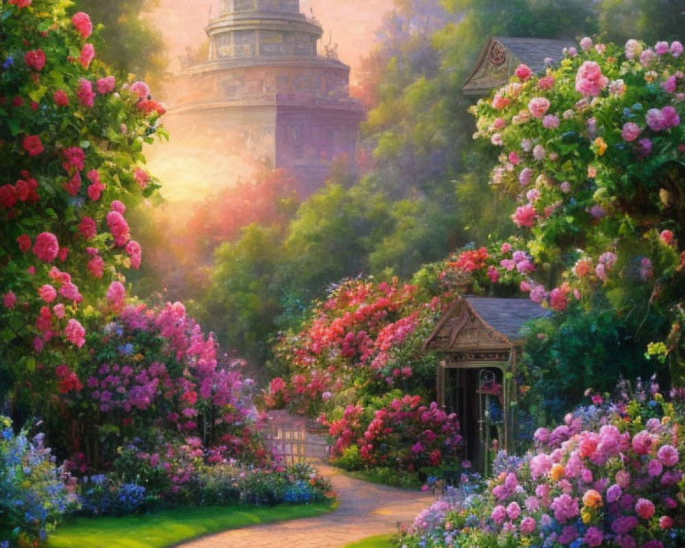 Multicolored rose-lined garden path to ornate tower in warm sunlight