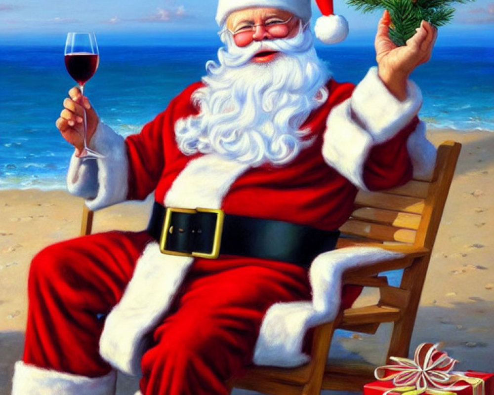 Santa Claus Relaxing on Beach Chair with Wine Glass and Christmas Tree Twig