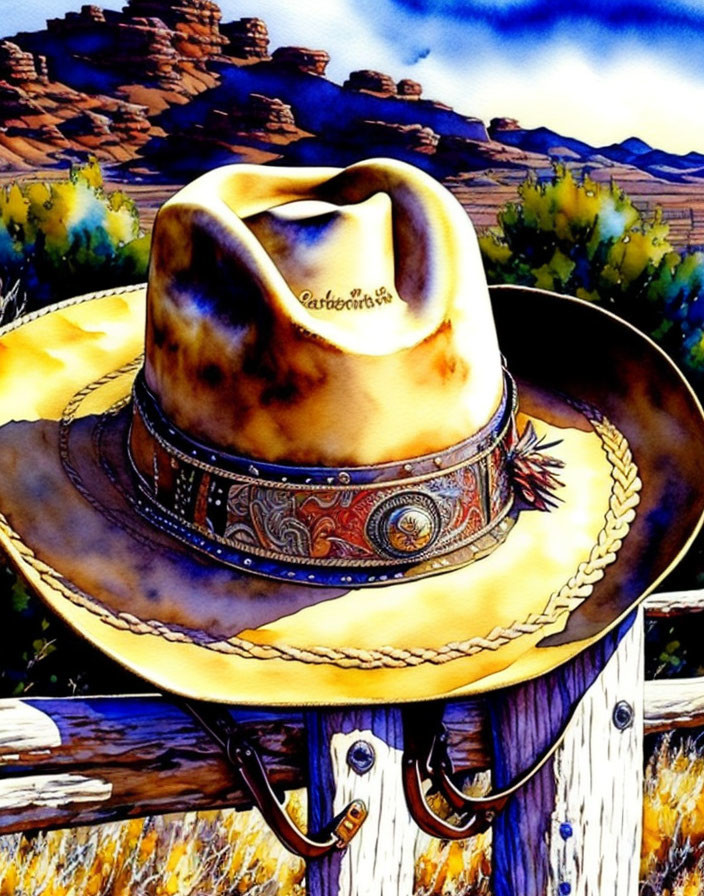 Brown Cowboy Hat with Ornate Band on Saddle in Desert Landscape