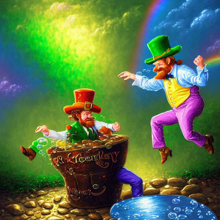 Leprechauns dancing near pot of gold and rainbow coins