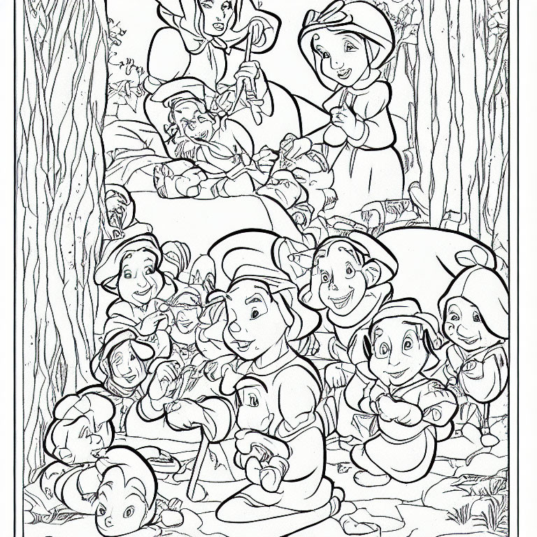 Seven dwarfs and Snow White coloring page in forest setting
