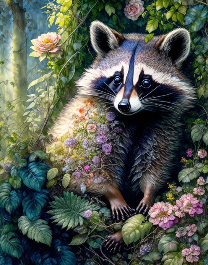 Curious raccoon in lush greenery with colorful flowers