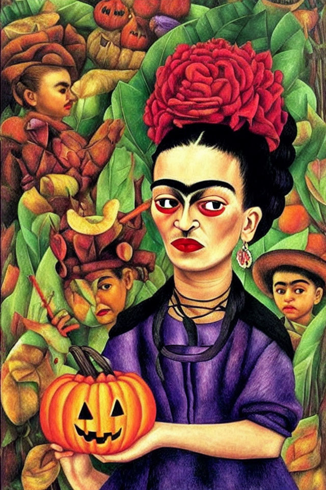 Vibrant portrait of stern-faced woman with unibrow in purple dress, holding pumpkin among autumn