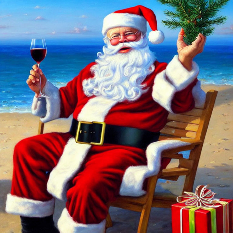 Santa Claus Relaxing on Beach Chair with Wine Glass and Christmas Tree Twig