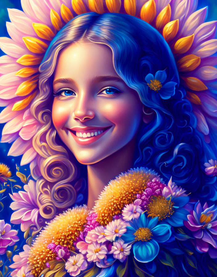 Colorful digital portrait of a smiling girl with sunflowers and flower cloak.