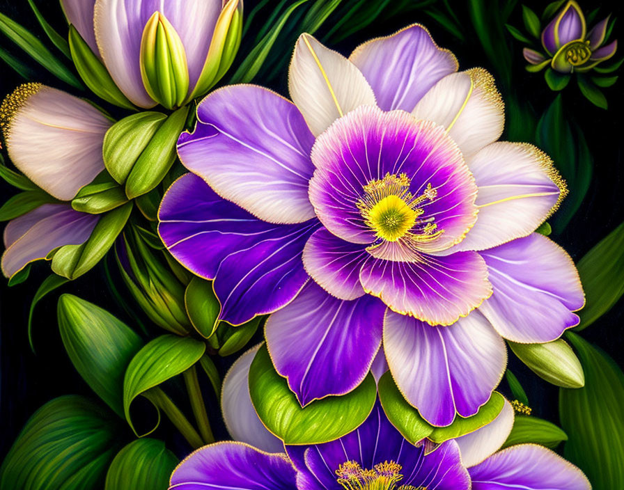 Vibrant Purple and White Flowers with Yellow Centers on Dark Background