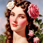 Illustration of woman with blue eyes, roses in hair, sparkling jewelry