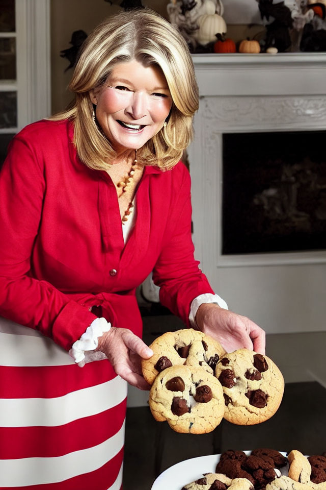 Smiling woman in red jacket with striped apron holding chocolate chip cookies