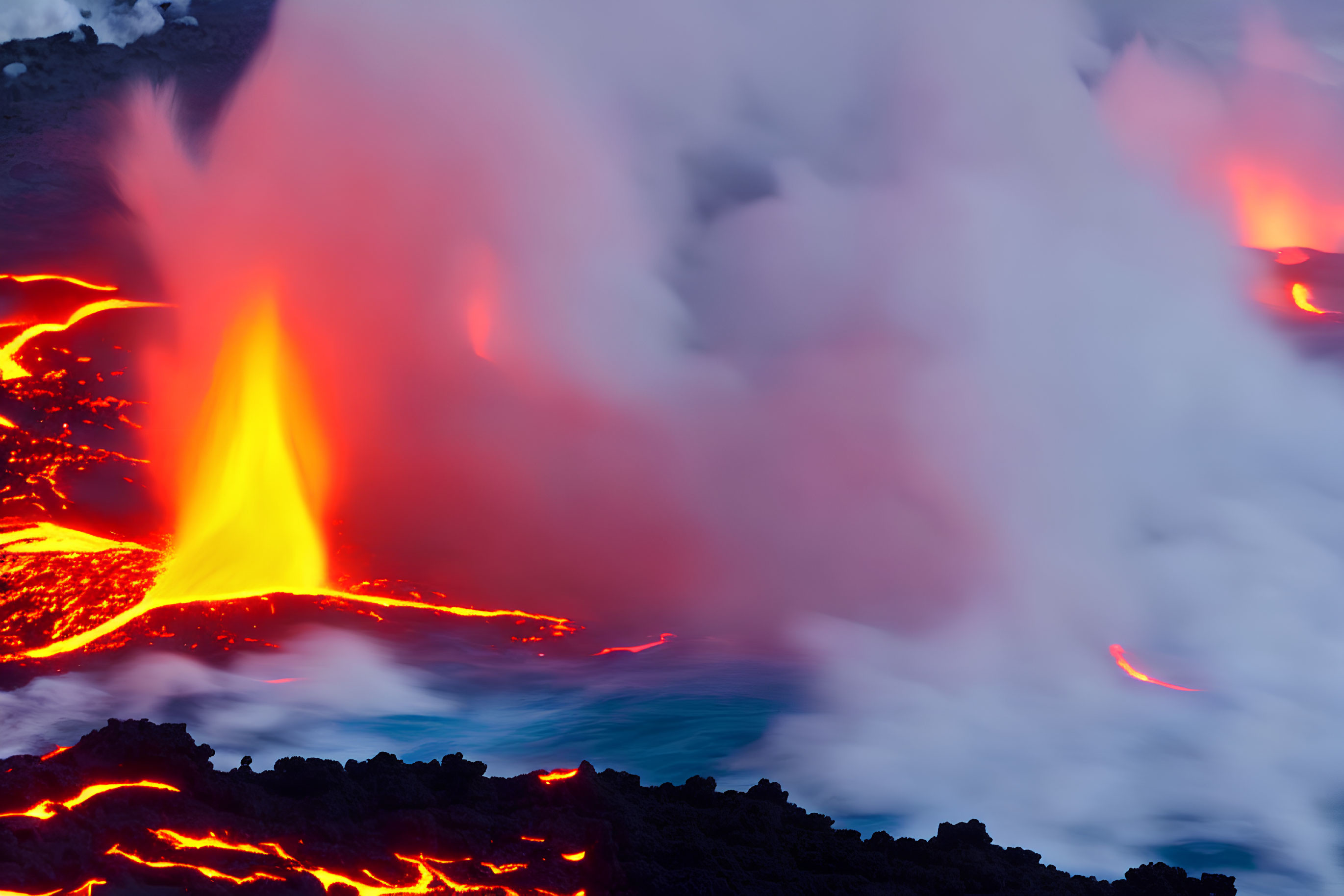 Erupting lava flows with glowing orange and red hues on dark, rocky terrain