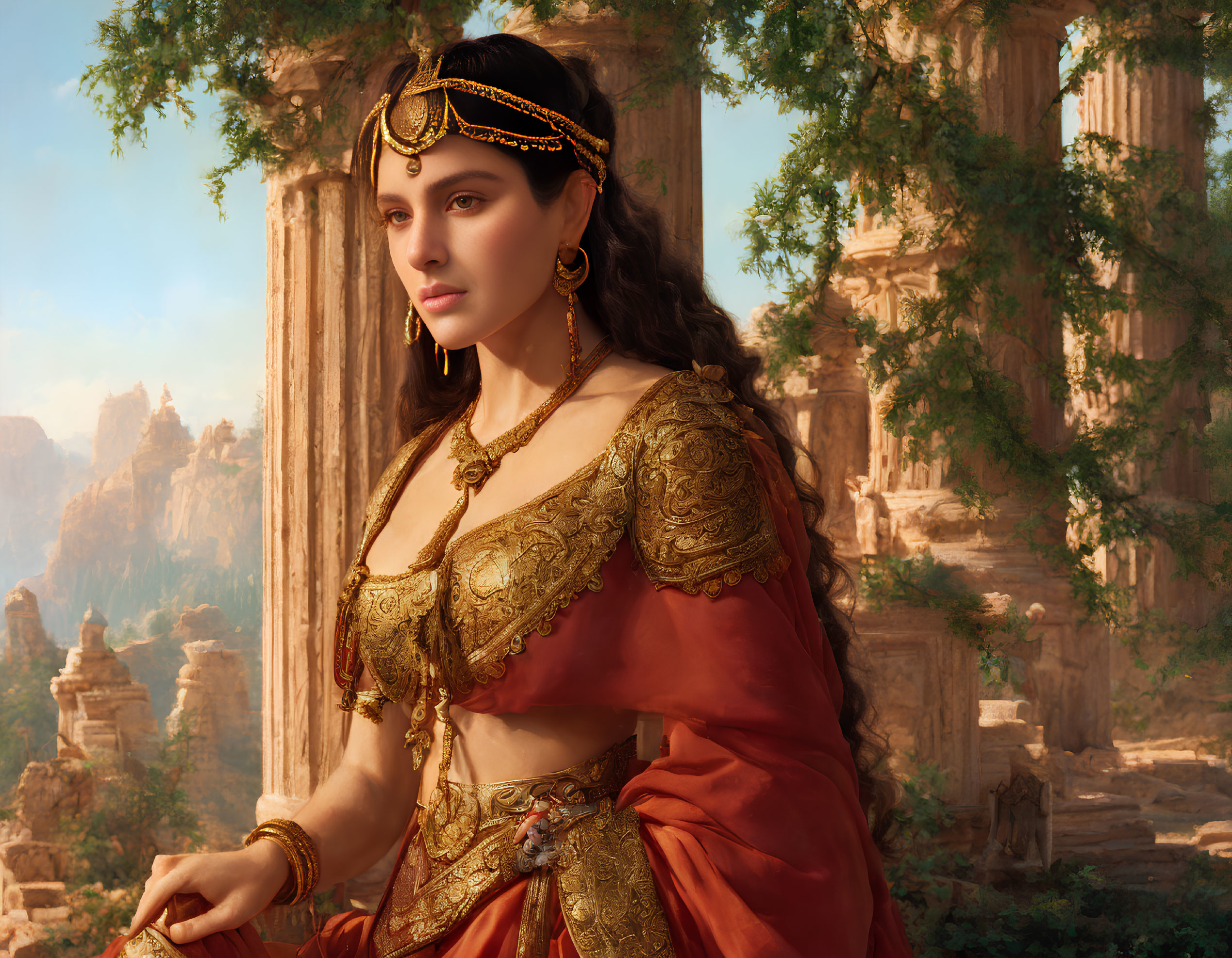 Regal woman in golden attire at ancient ruins in serene landscape