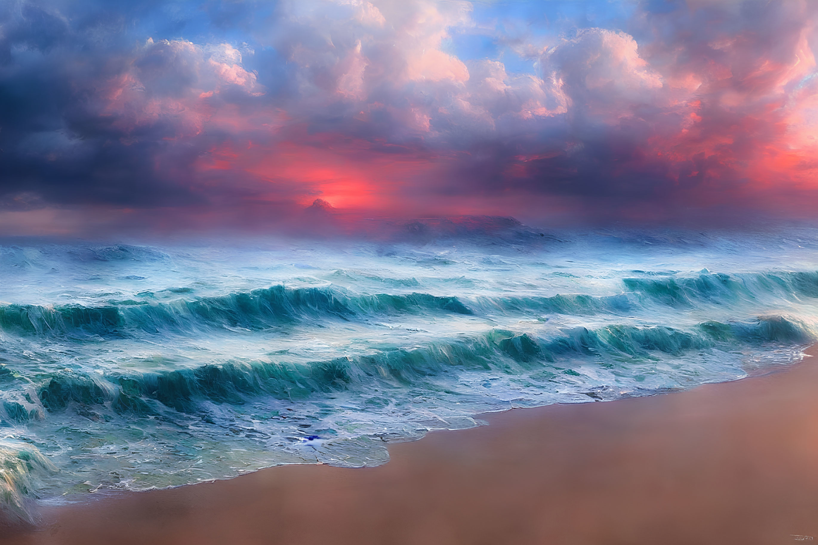 Scenic beach sunset with blue waves and colorful sky