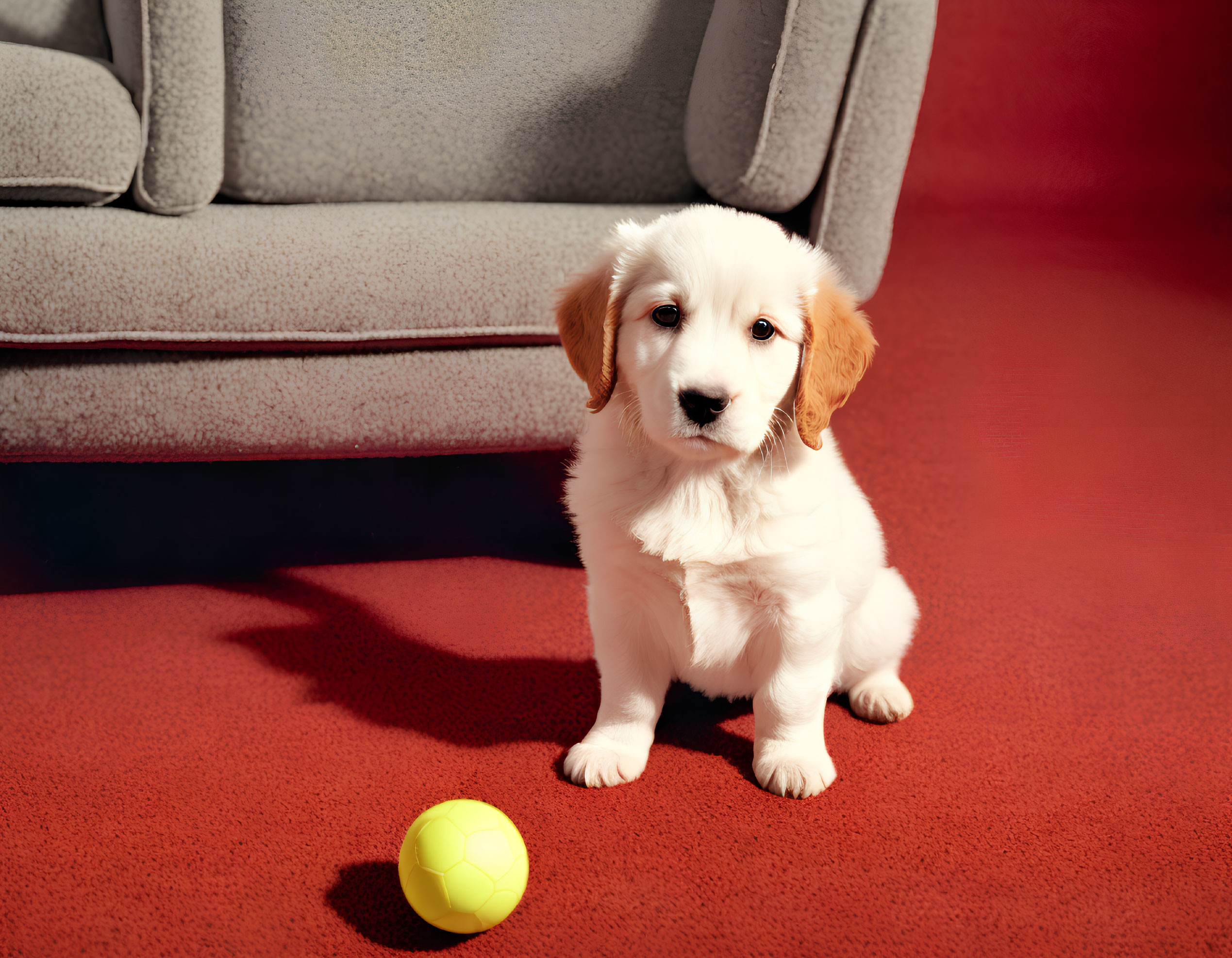White Puppy with Beige Ears on Red Carpet with Yellow Ball