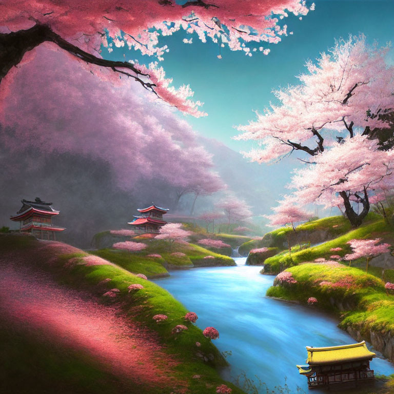 Tranquil Japanese landscape with cherry blossoms and traditional structures