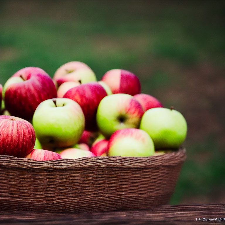 Basket of Ripe Red and Green Apples on Blurred Outdoor Background