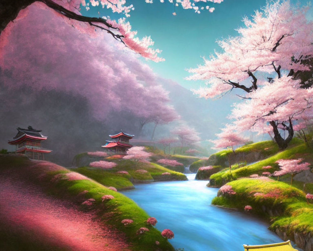 Tranquil Japanese landscape with cherry blossoms and traditional structures