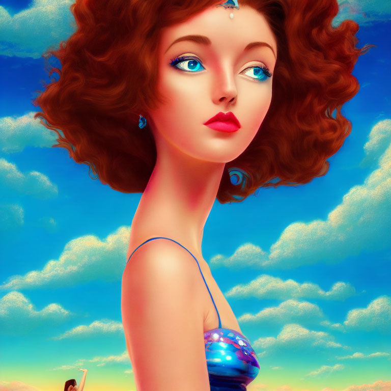 Stylized illustration of woman with auburn hair and blue eyes against sky.