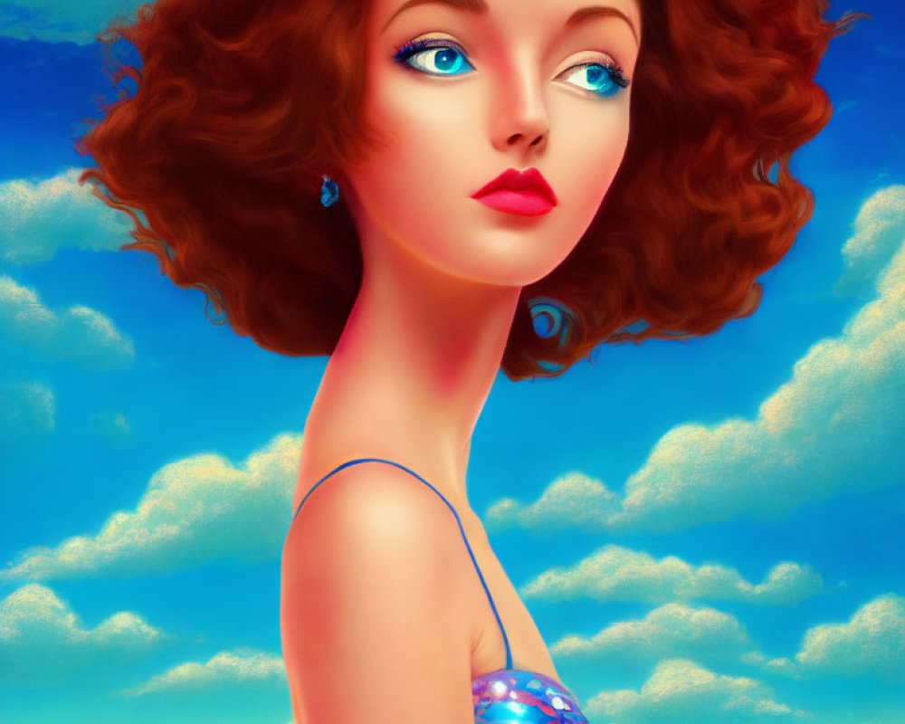 Stylized illustration of woman with auburn hair and blue eyes against sky.