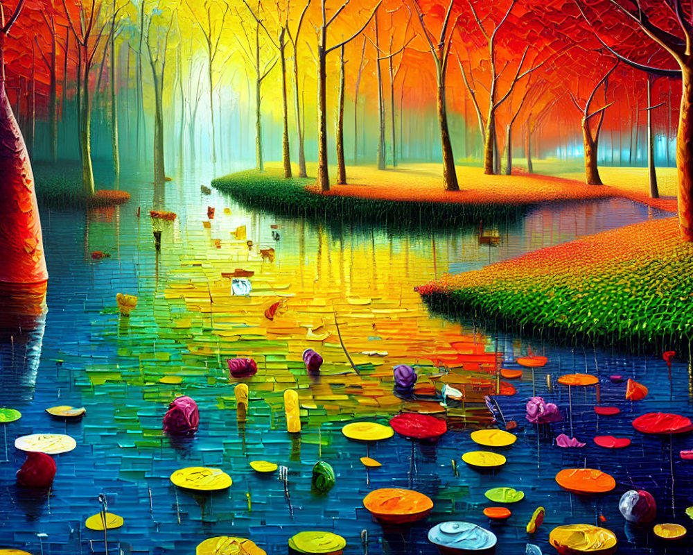 Colorful Autumn Forest with Reflecting Water and Lily Pads