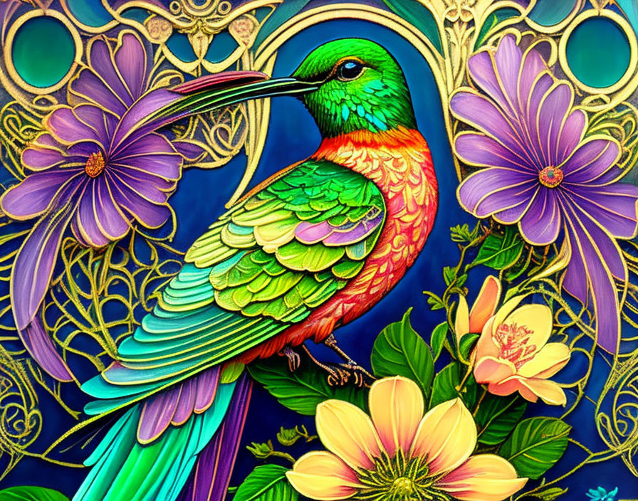 Colorful Hummingbird Illustration Among Art Nouveau Flowers