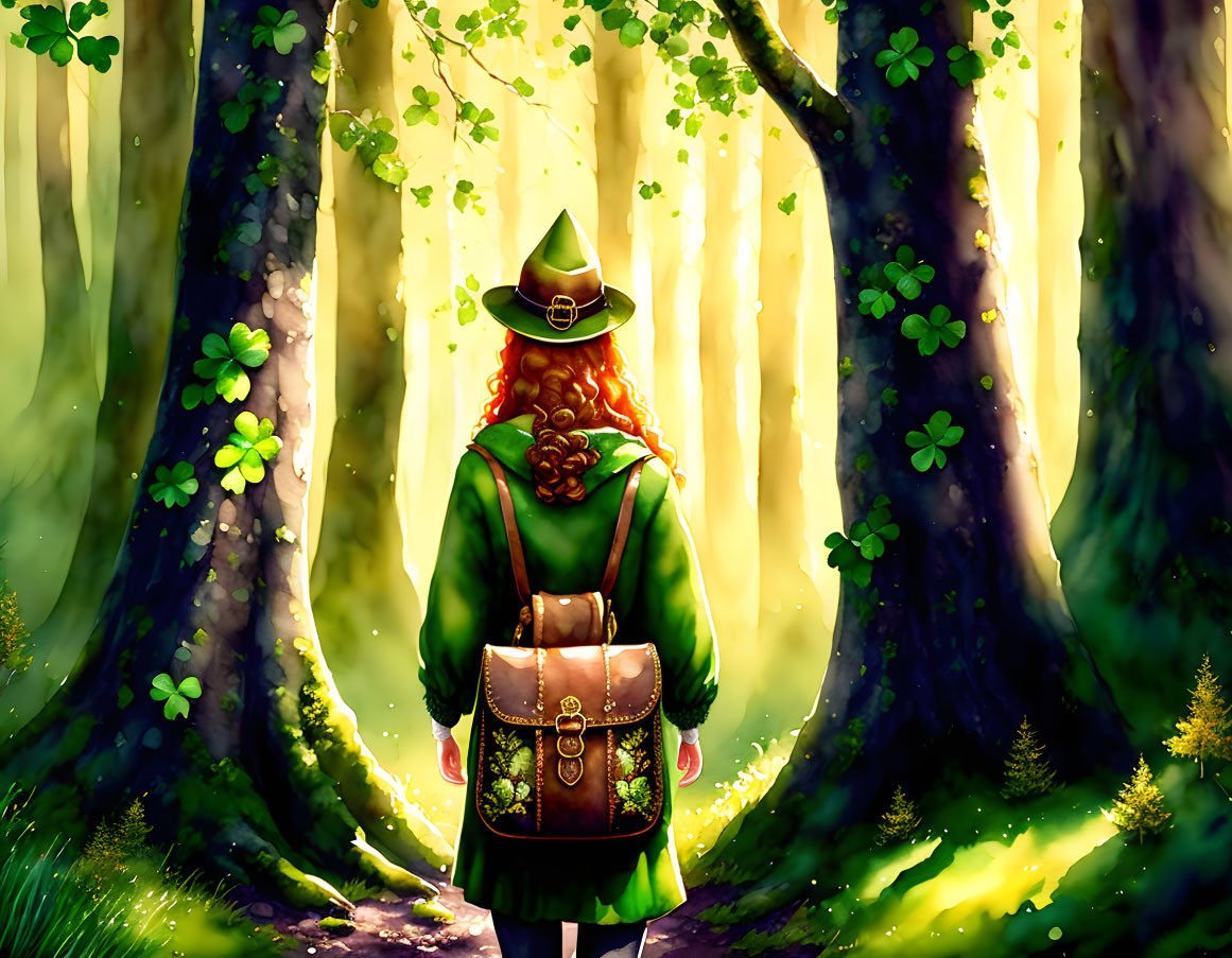Person in green cloak and hat in sunlit forest with tall trees and clovers