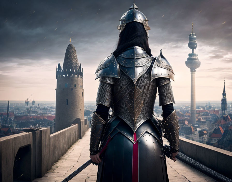 Medieval armor-clad person on bridge surveys cityscape with historic and modern buildings under cloudy sky