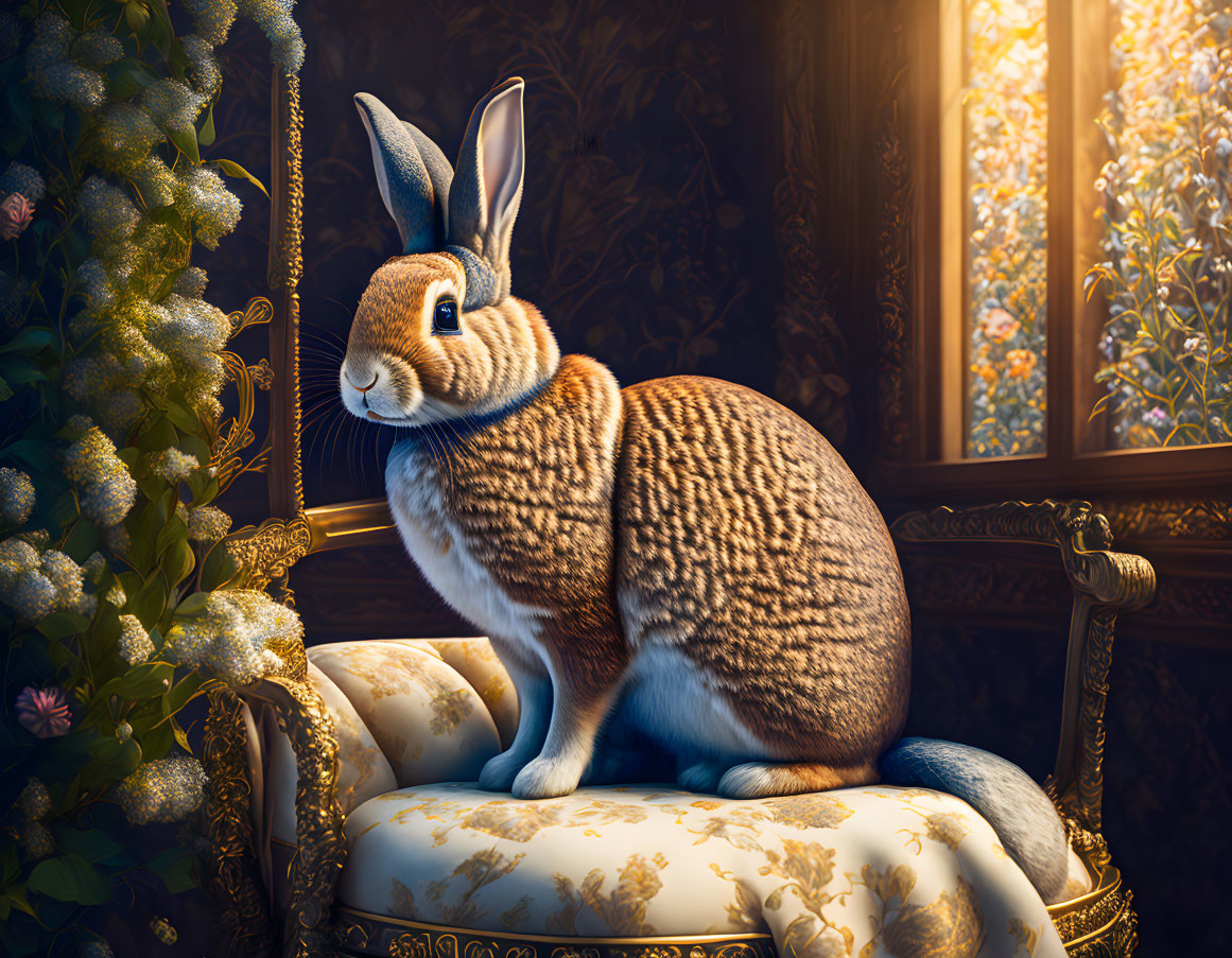 Whimsical rabbit sitting on vintage chair by window in golden light