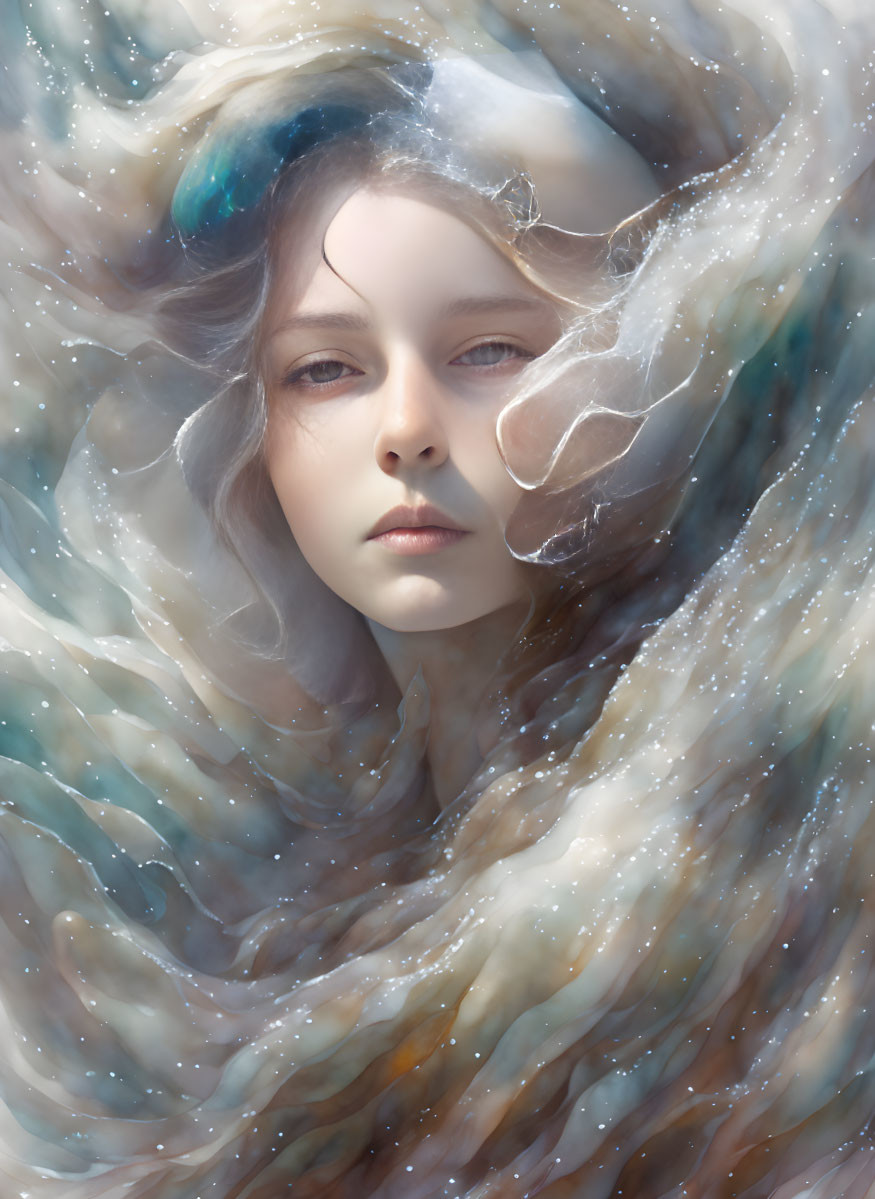Ethereal portrait with shimmering textures and swirls