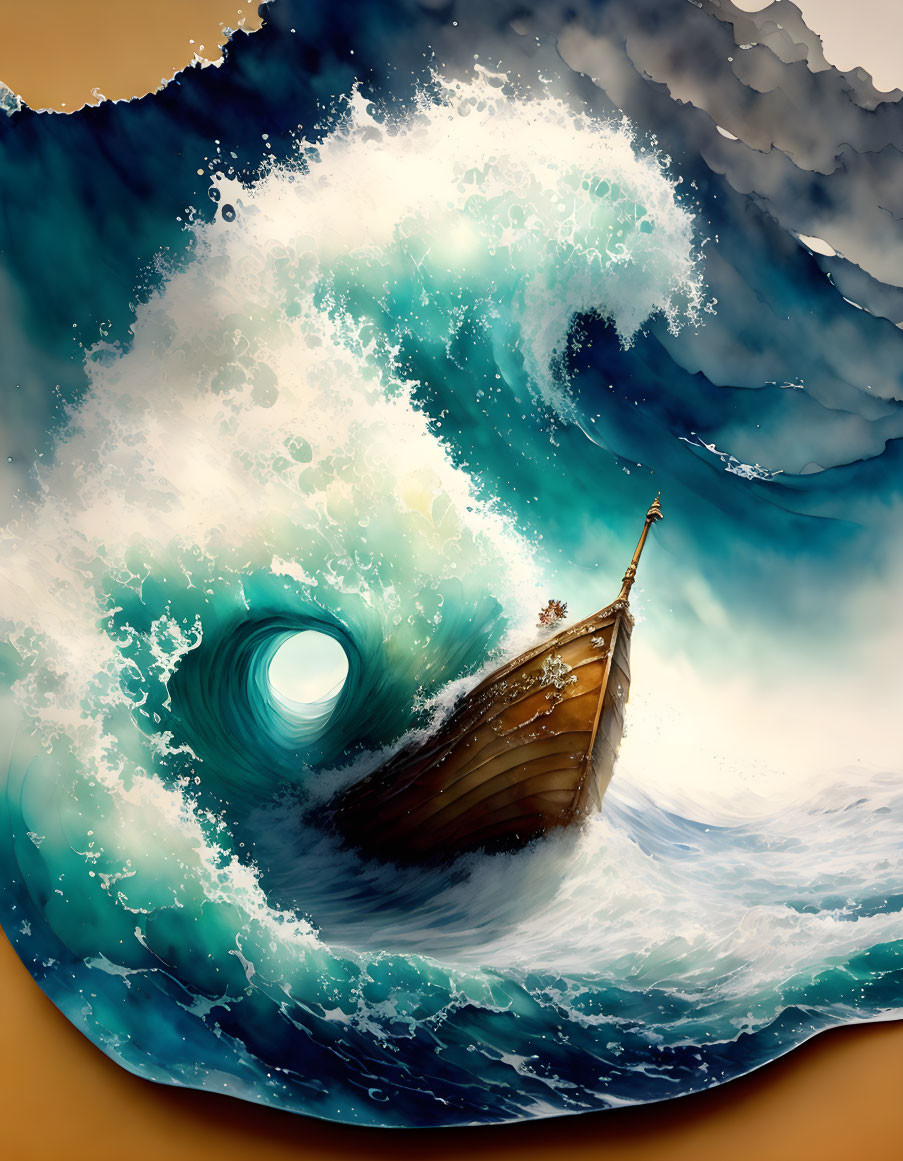 Illustration of small boat battling massive wave with spiral vortex in blue and green tones