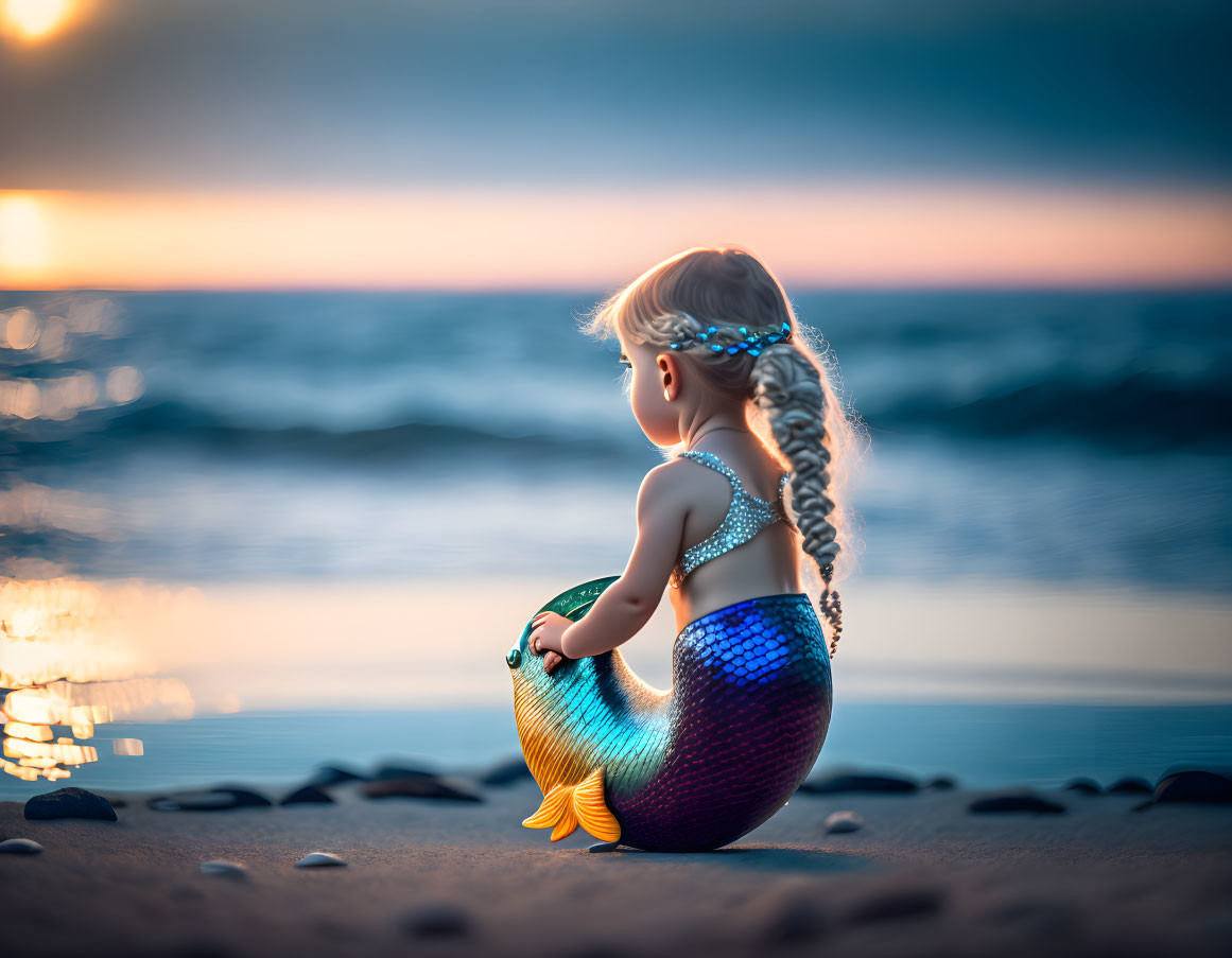 Mermaid doll with braid on beach at sunset