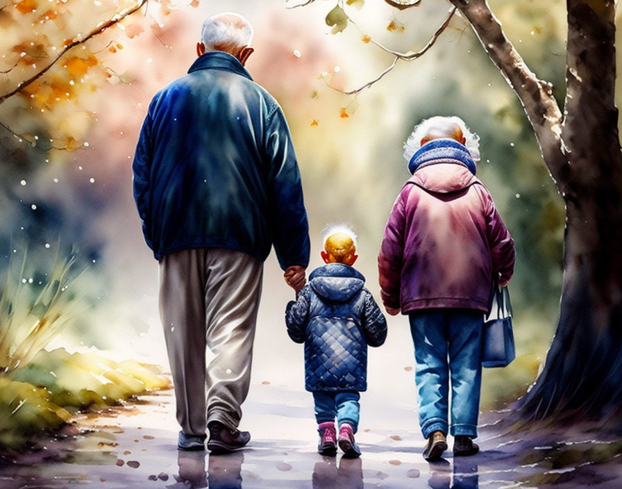 Elderly individuals and child walking on autumn path