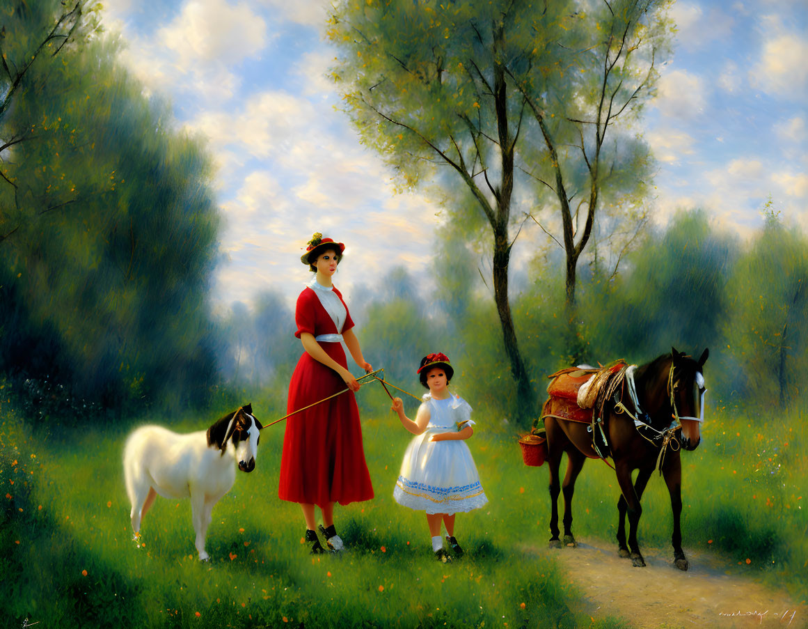 Two women in vintage attire with pony and horse in sunlit meadow.