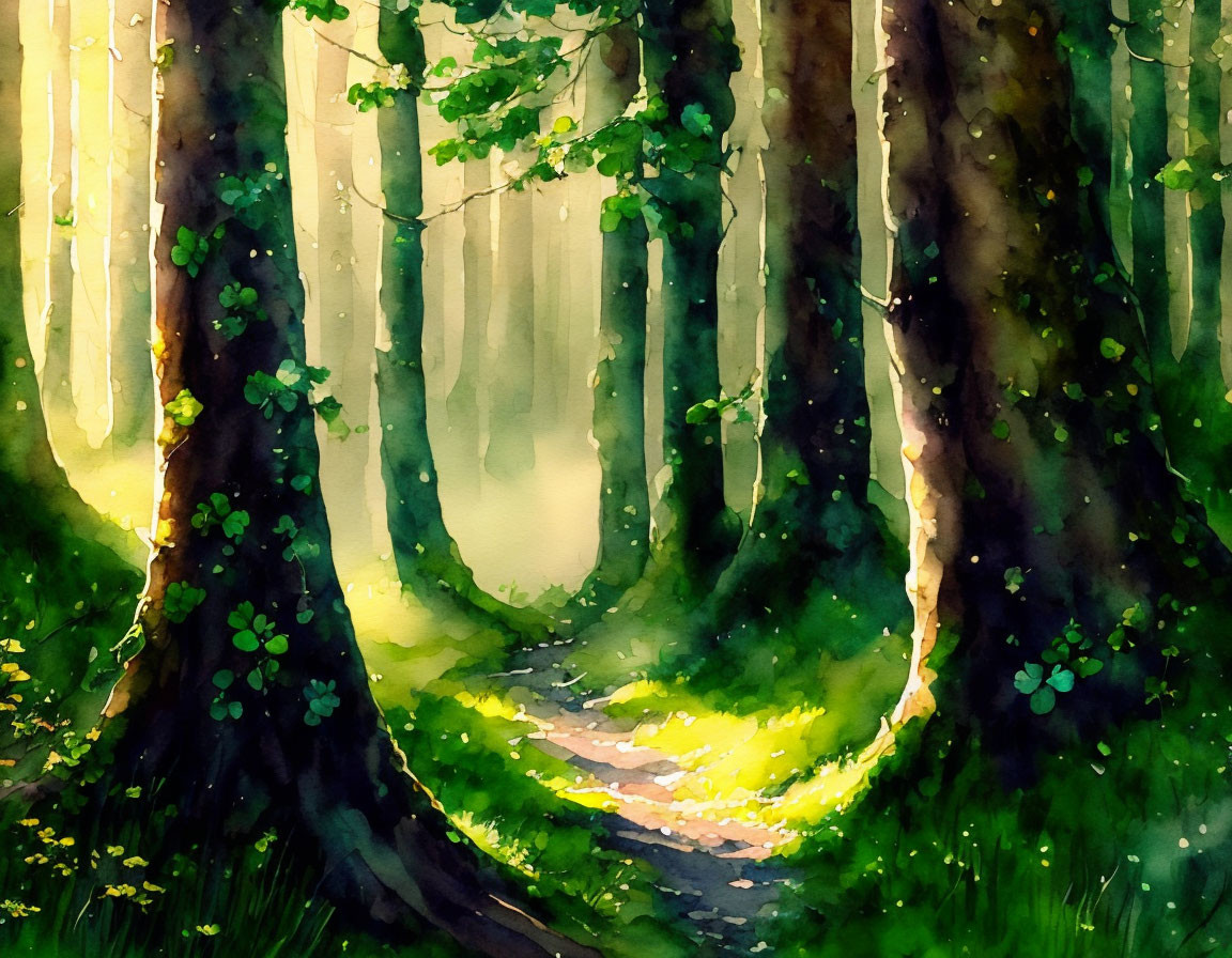 Sunlit forest path watercolor painting with vibrant greenery and tall trees.
