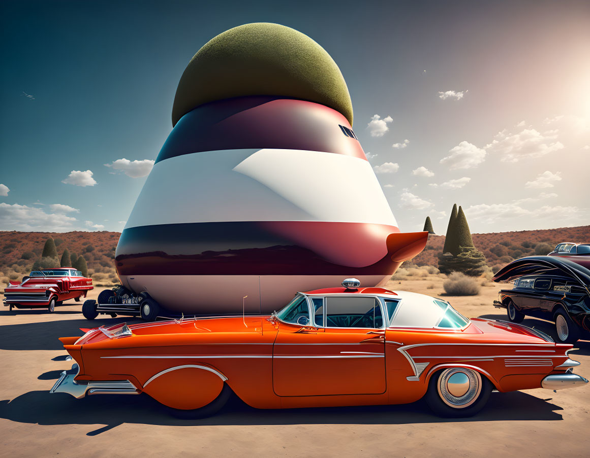 Surreal Firehouse in the desert with vintage cars