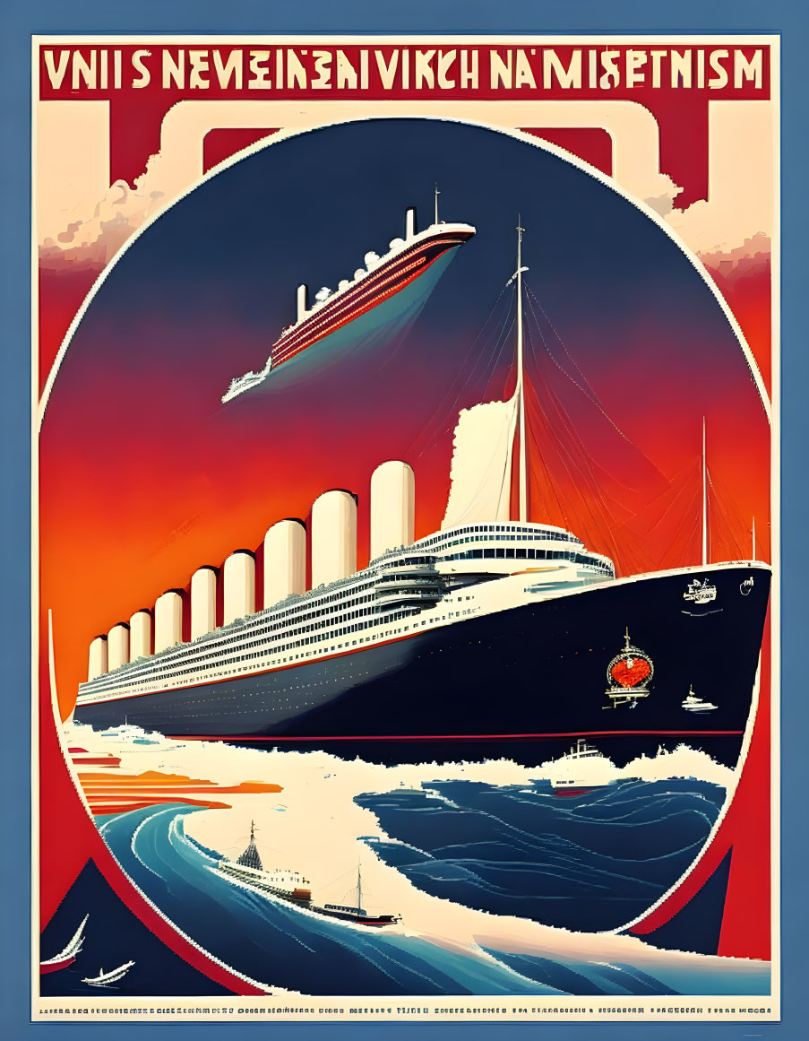 Vintage Soviet-style Ocean Liner Poster with Cyrillic Text