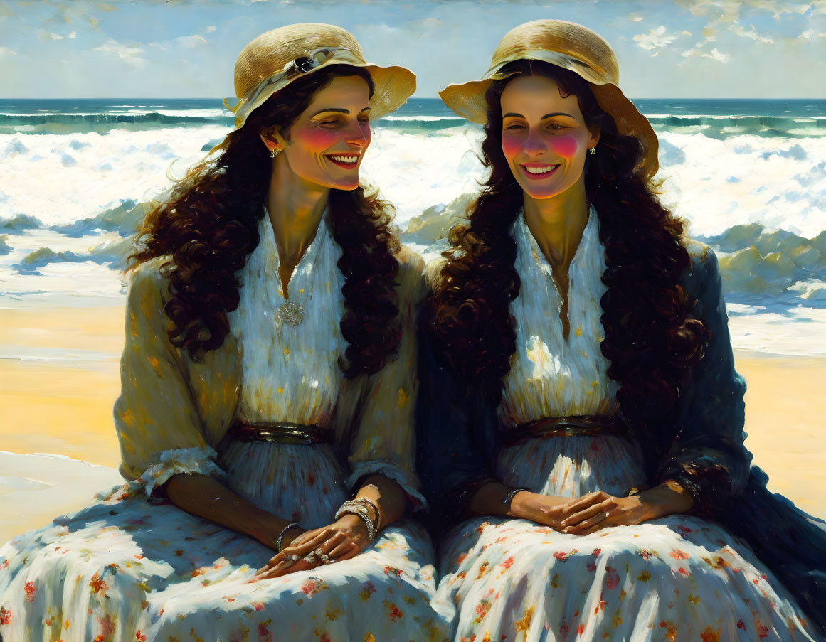 Two women in vintage dresses and hats on sunny beach with waves
