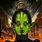 Futuristic female robot with green face and glowing eyes in golden cityscape