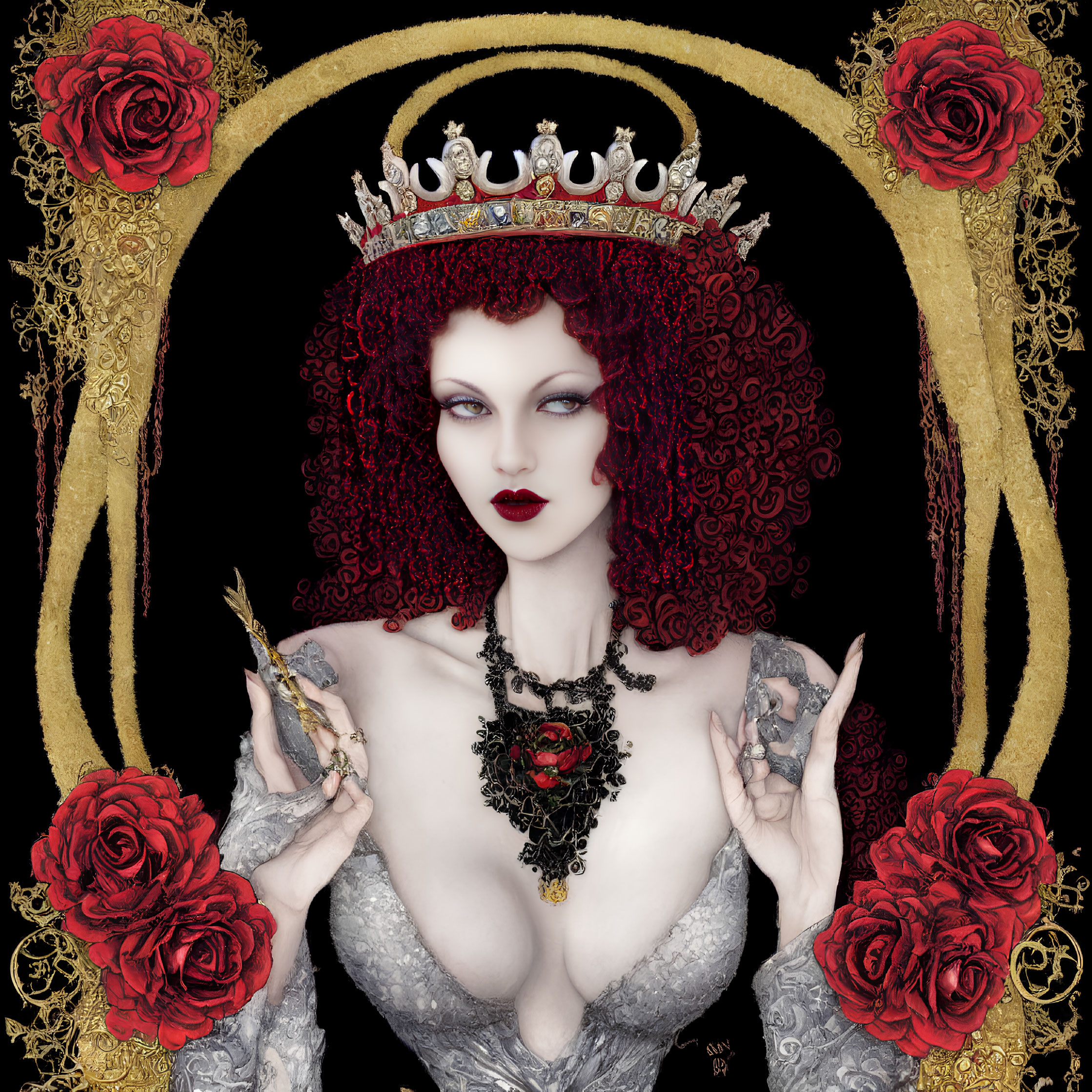 Regal woman with red curly hair and crown in royal setting