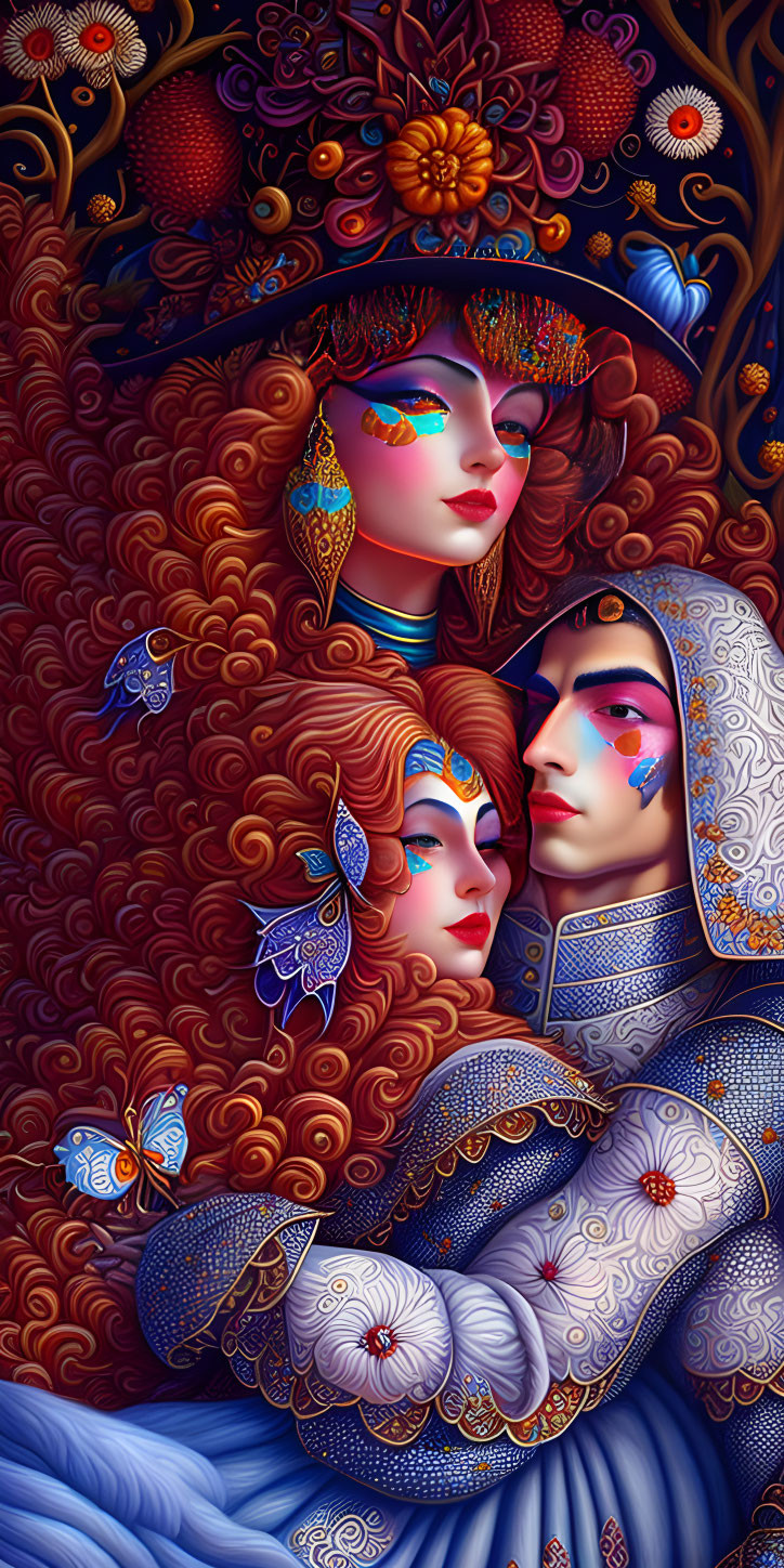 Detailed illustration of two characters in ornate outfits with butterflies on a patterned background