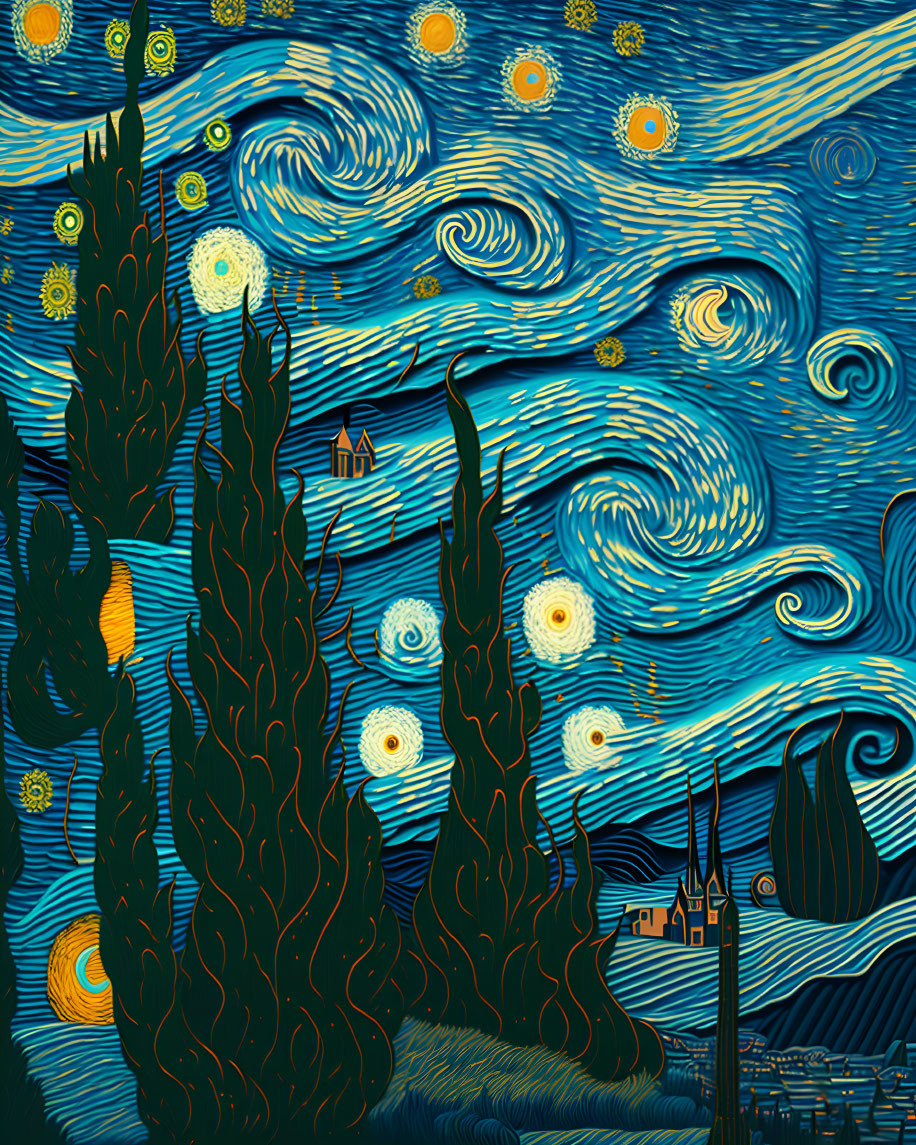 Interpretation of "Starry Night" with swirling blue skies and tranquil village