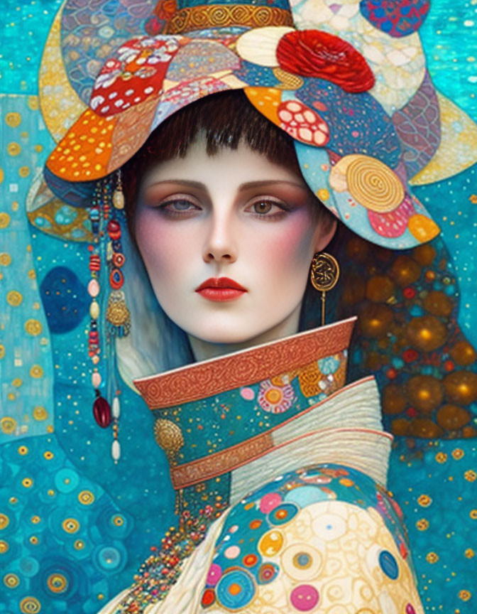 Digital art of pale-skinned woman with dark hair in colorful hat, earrings, and ornate collar