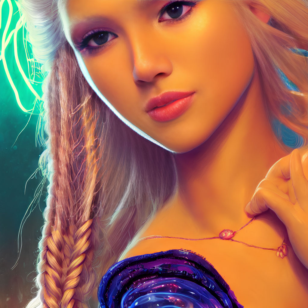Digital art portrait of woman with neon accents and blue orb in braided hairstyle