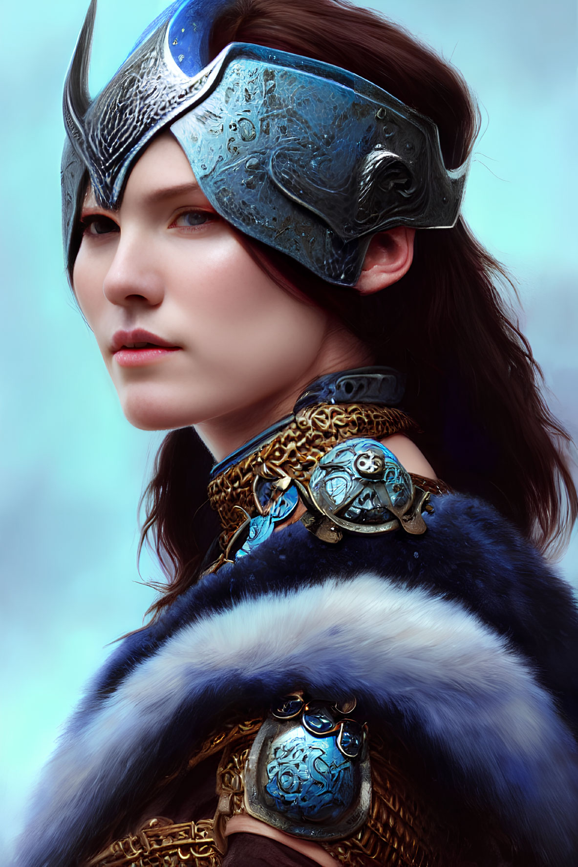 Fantasy portrait of woman in metallic helmet and ornate armor with fur cloak on blue background