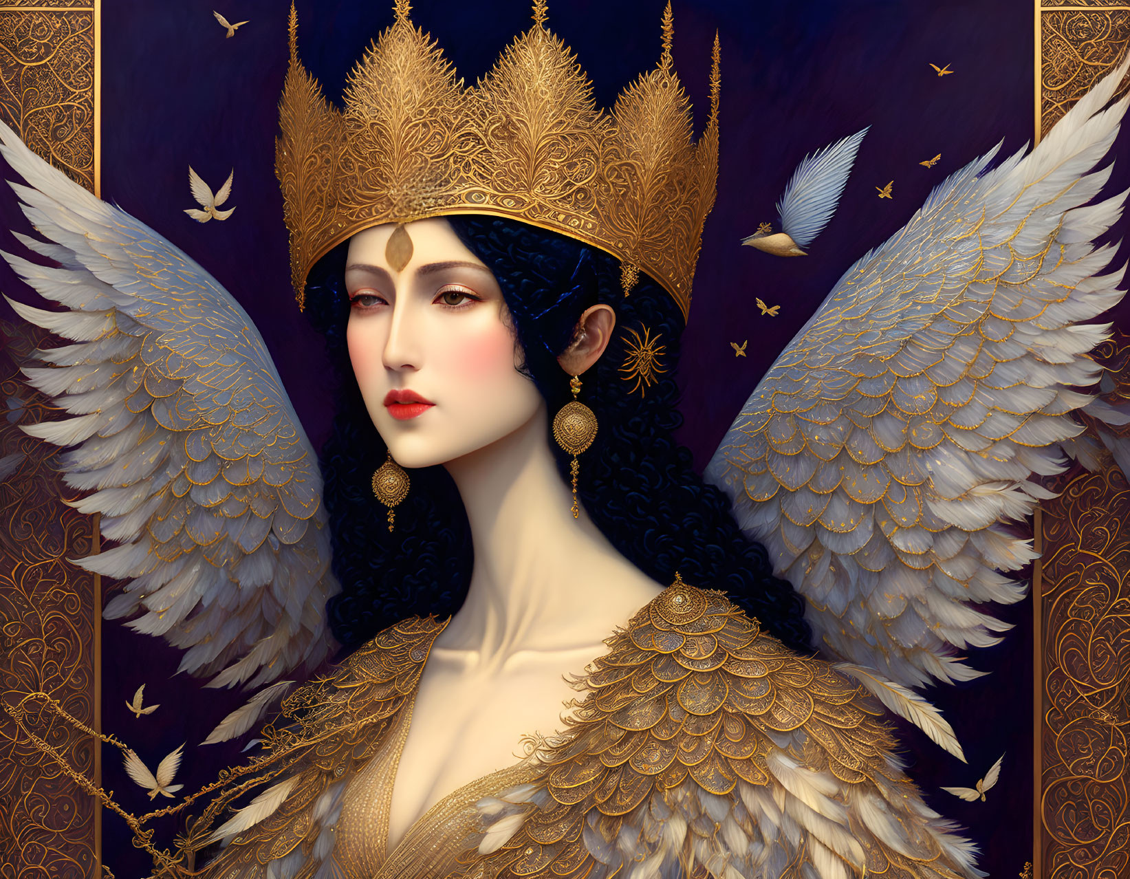 Regal figure with white wings and golden crown in purple backdrop