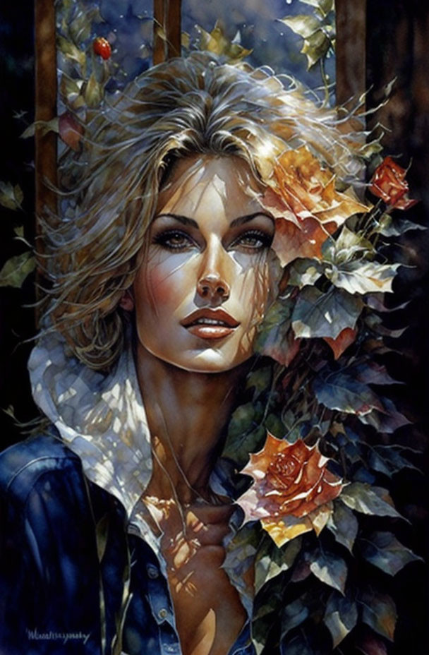 Mysterious woman surrounded by autumn leaves in artwork
