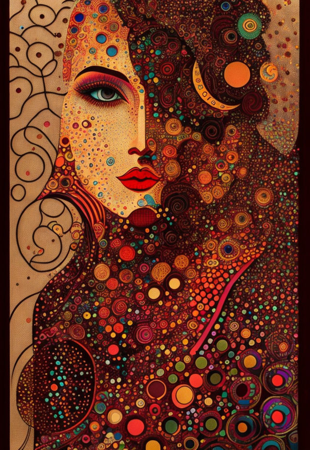 Vibrant portrait of a woman with swirling patterns on warm background