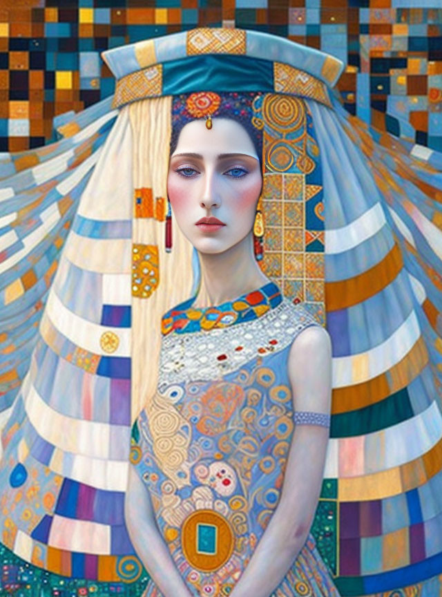 Colorful portrait of a woman with intricate headdress and geometric patterns