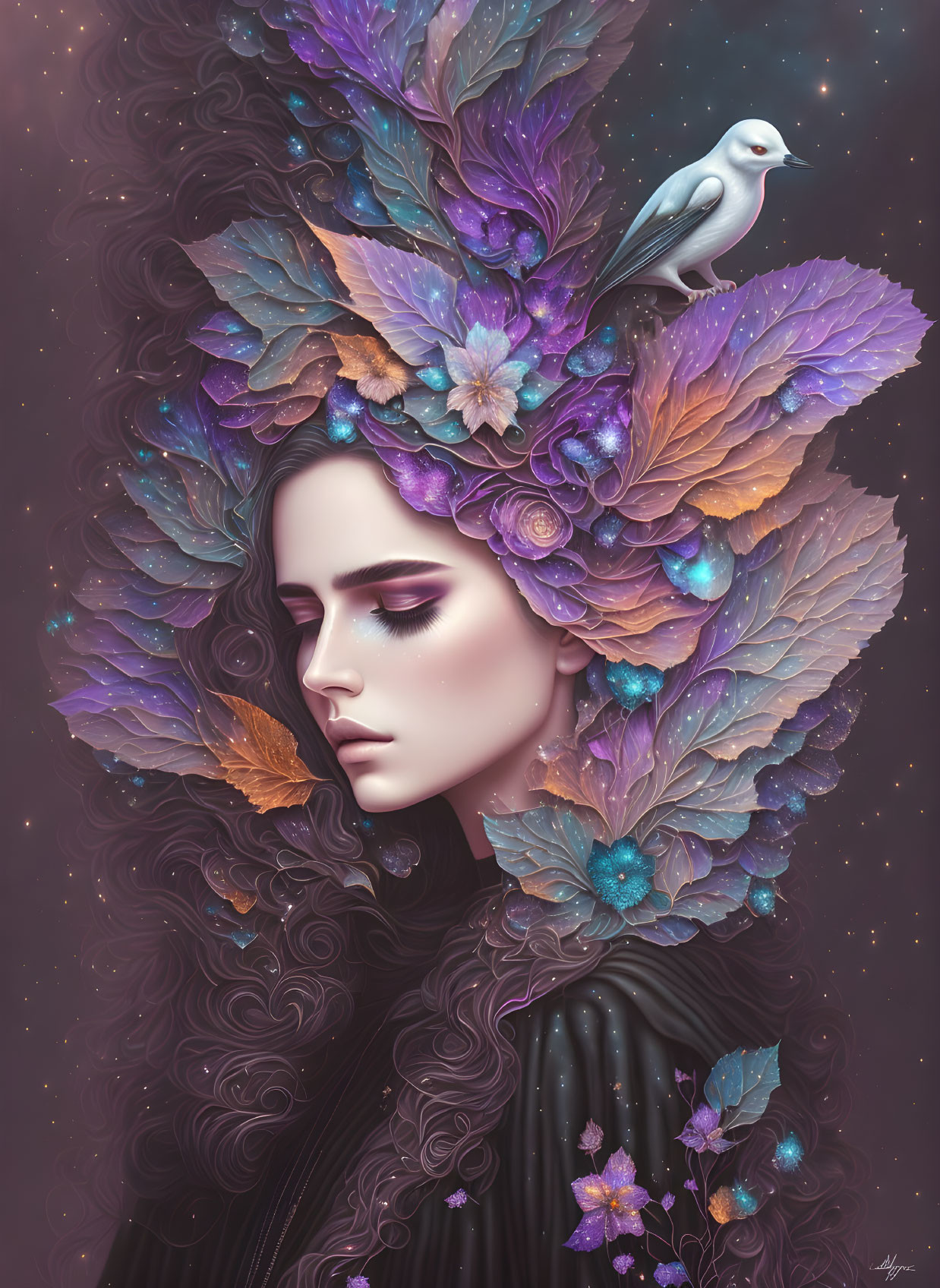 Surreal portrait of woman with purple and bronze leaves, flowers, and bird in hair, against