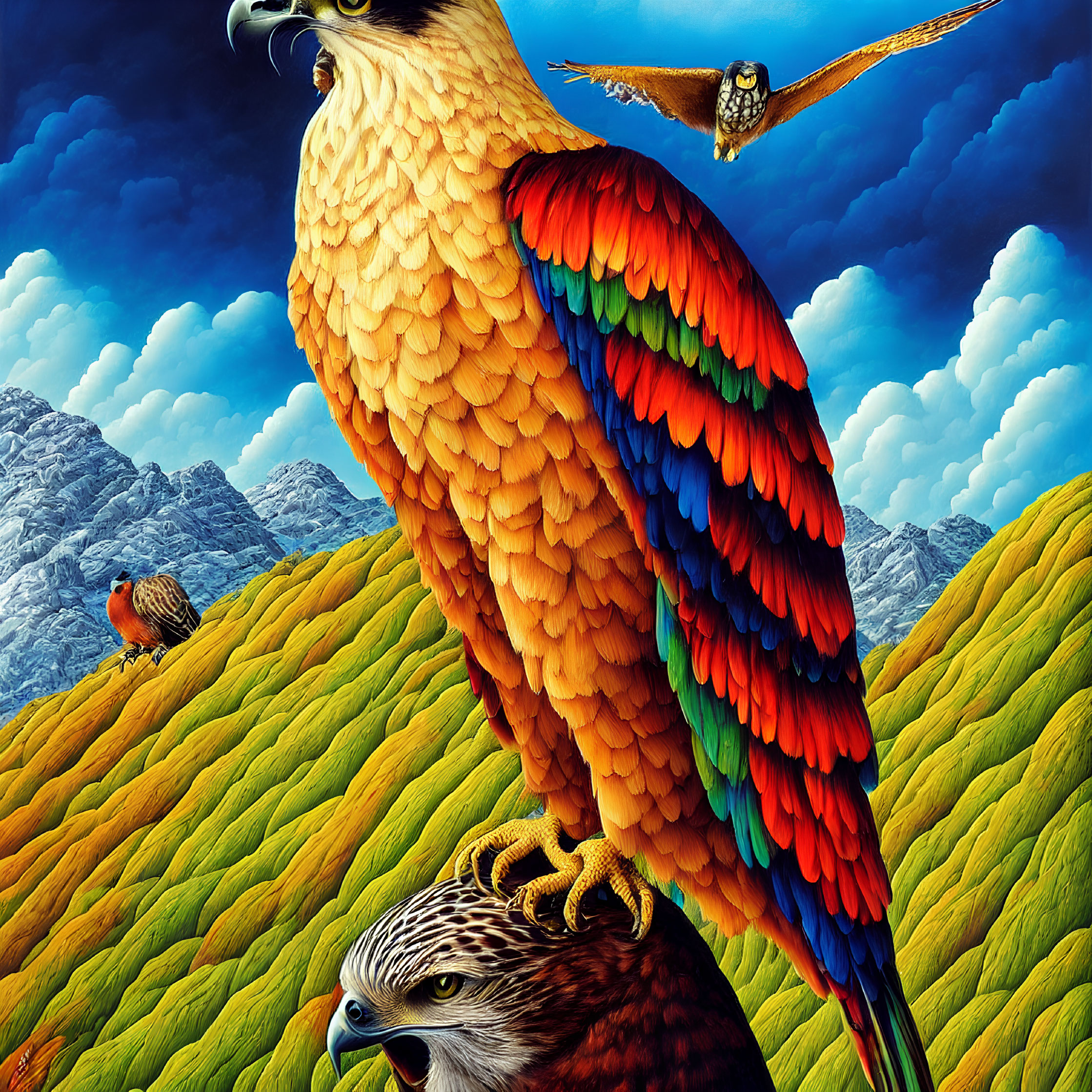 Colorful eagle with rainbow feathers in mountain landscape