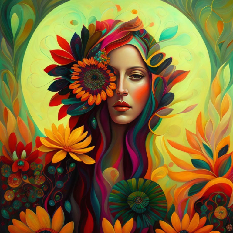 Vibrant floral woman portrait with warm tones